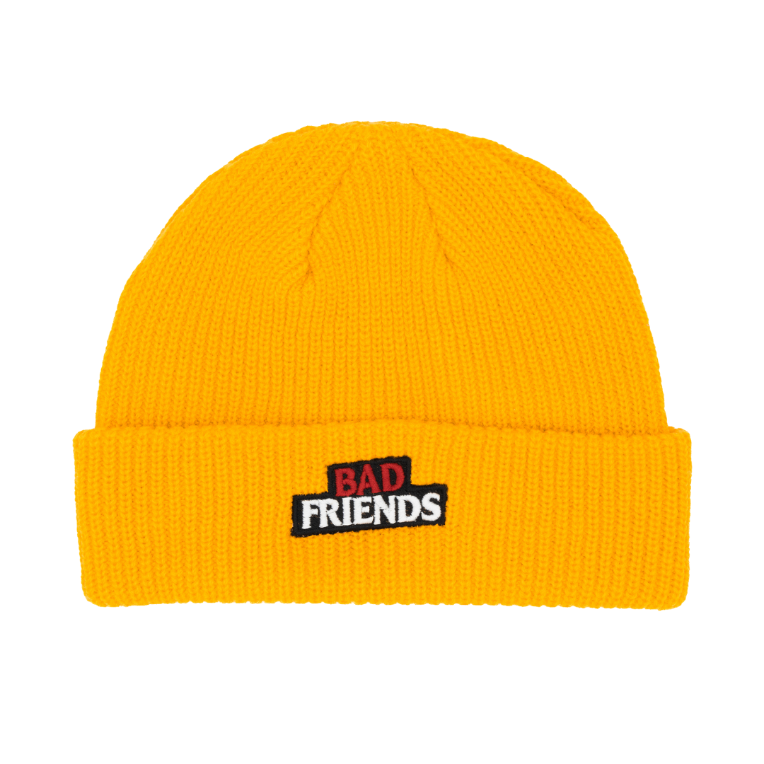 Yellow bad friends black, white, and red logo embroidered beanie