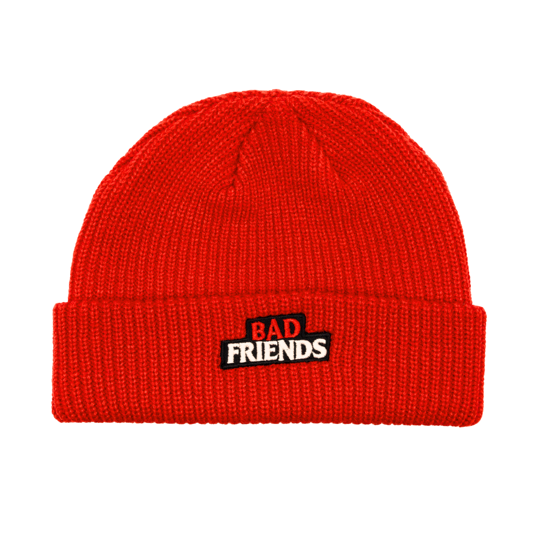 Red beanie with embroidered Bad Friends logo 