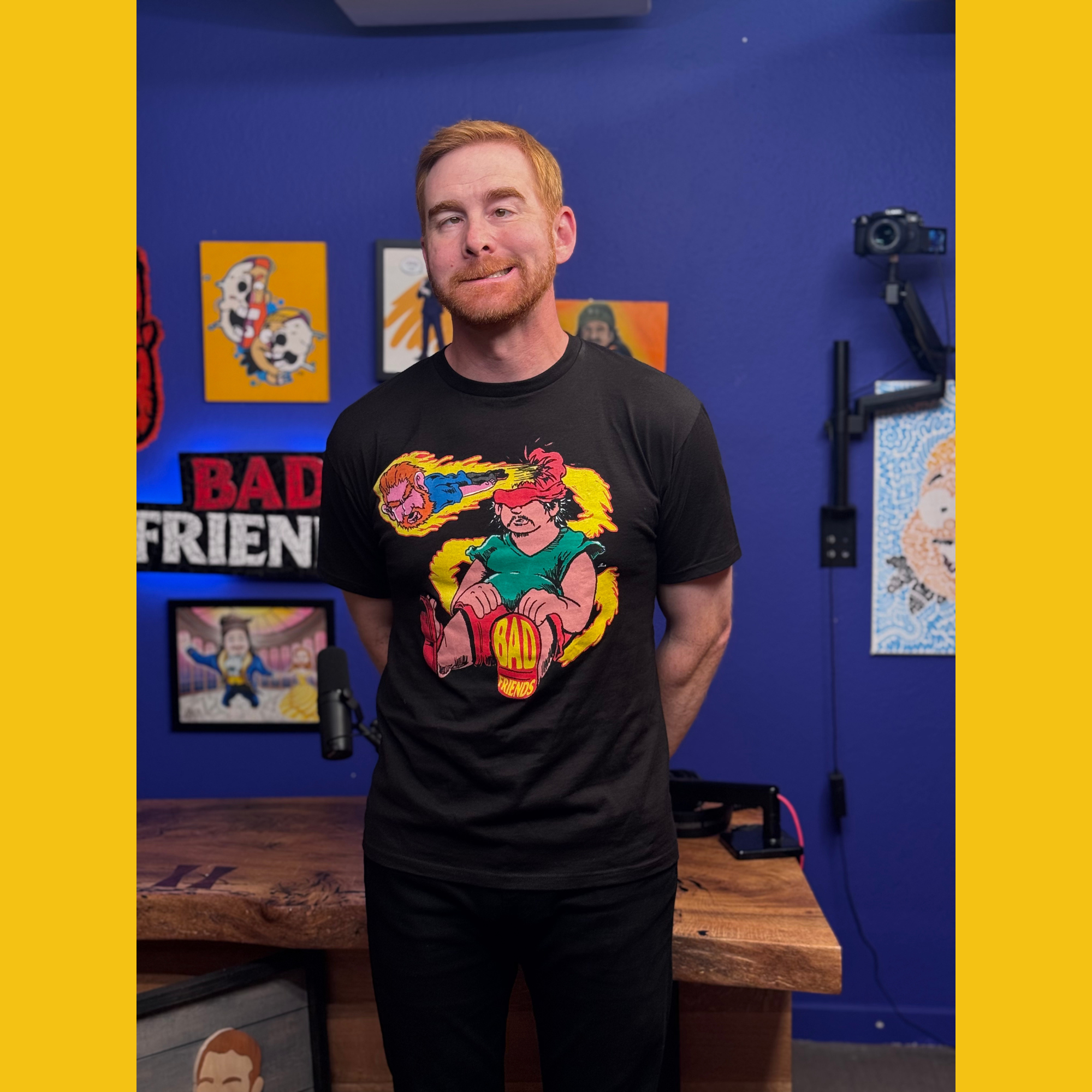 Andrew wearing black t-shirt with Hothead design