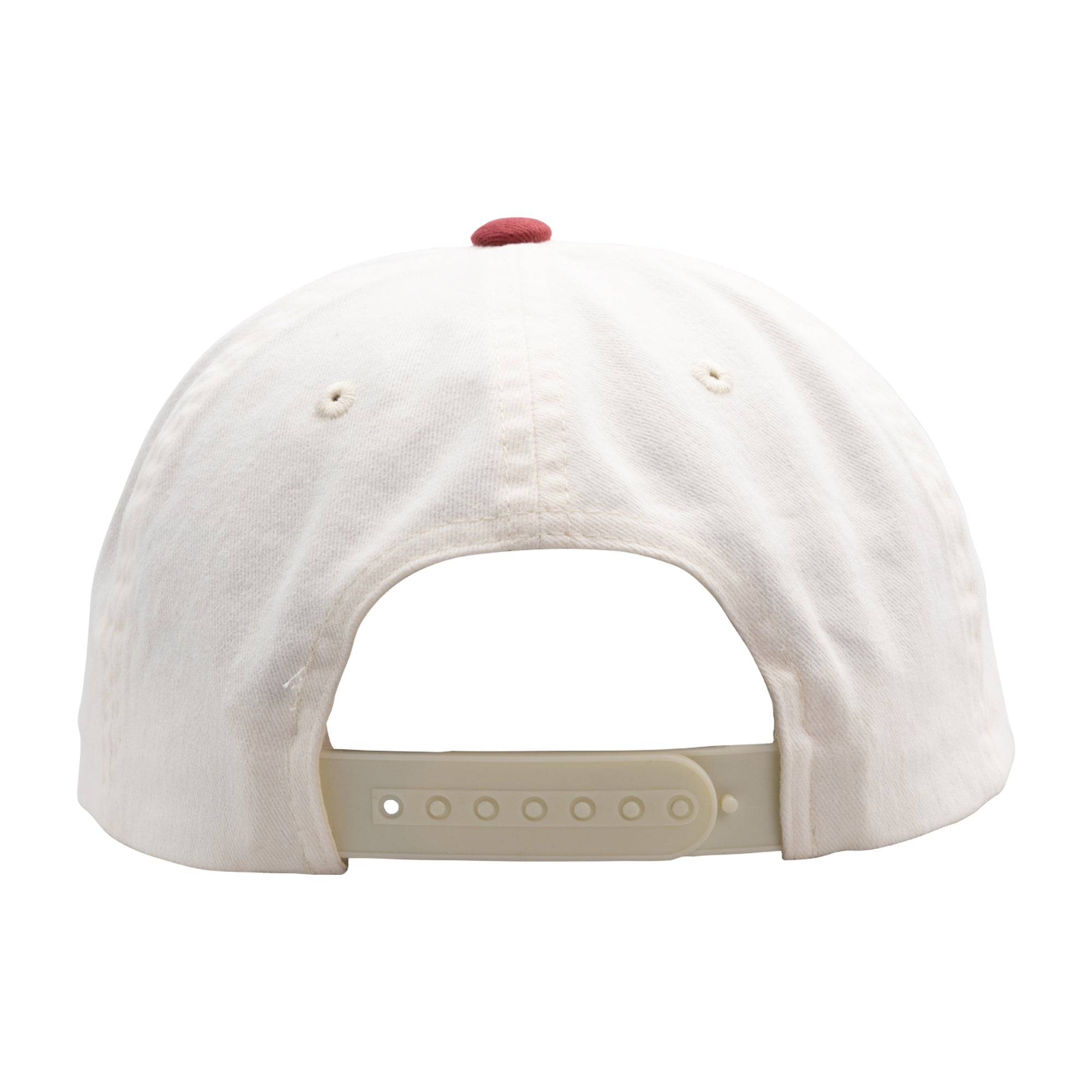 White cap with a red button on a white background bad friend back of hat 