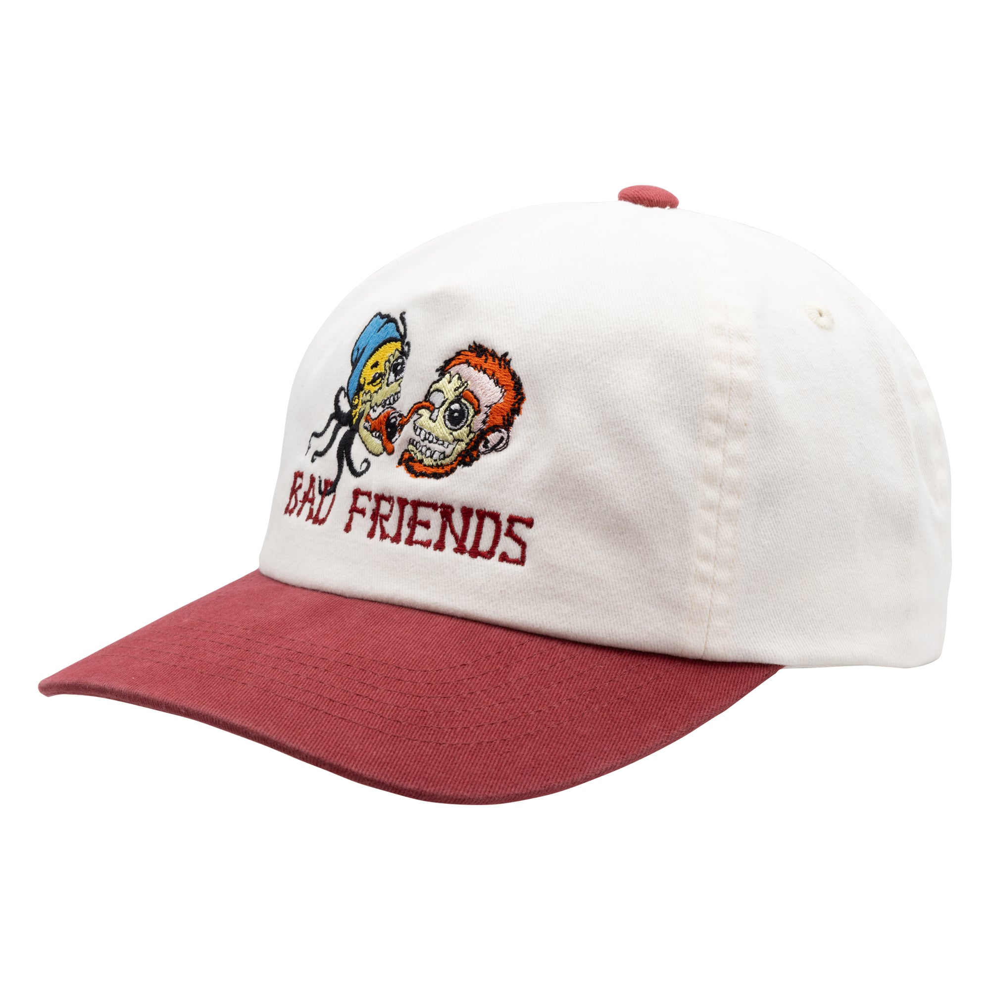 Cap with cartoon characters and 'Bad Friends' text on a white background