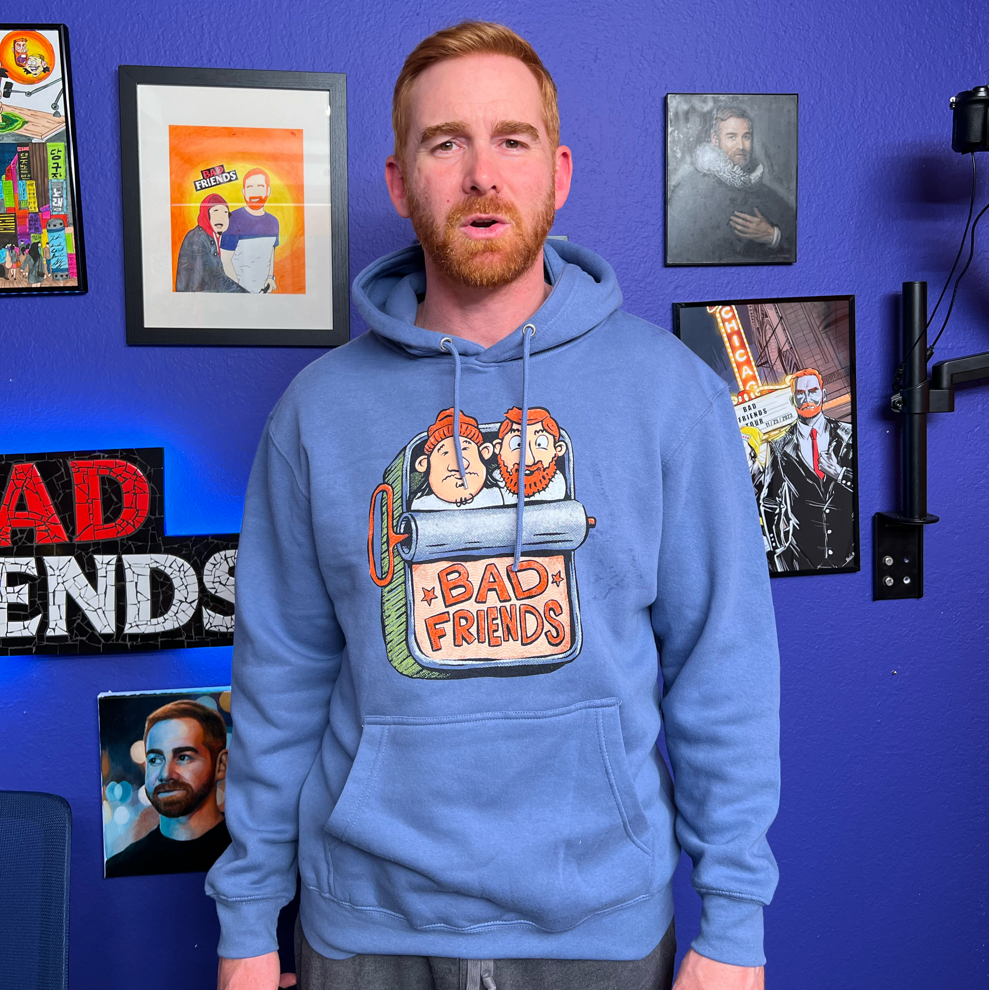 Andrew wearing his bad friends Beastie Friends hoodie