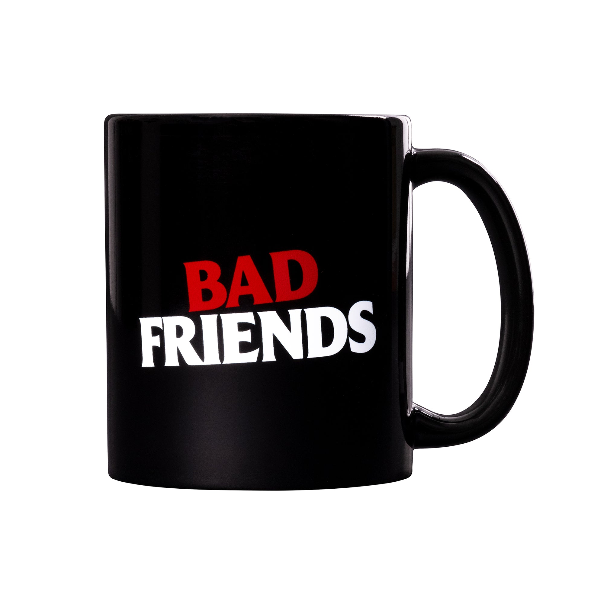 red and white Bad Friends Logo on black mug