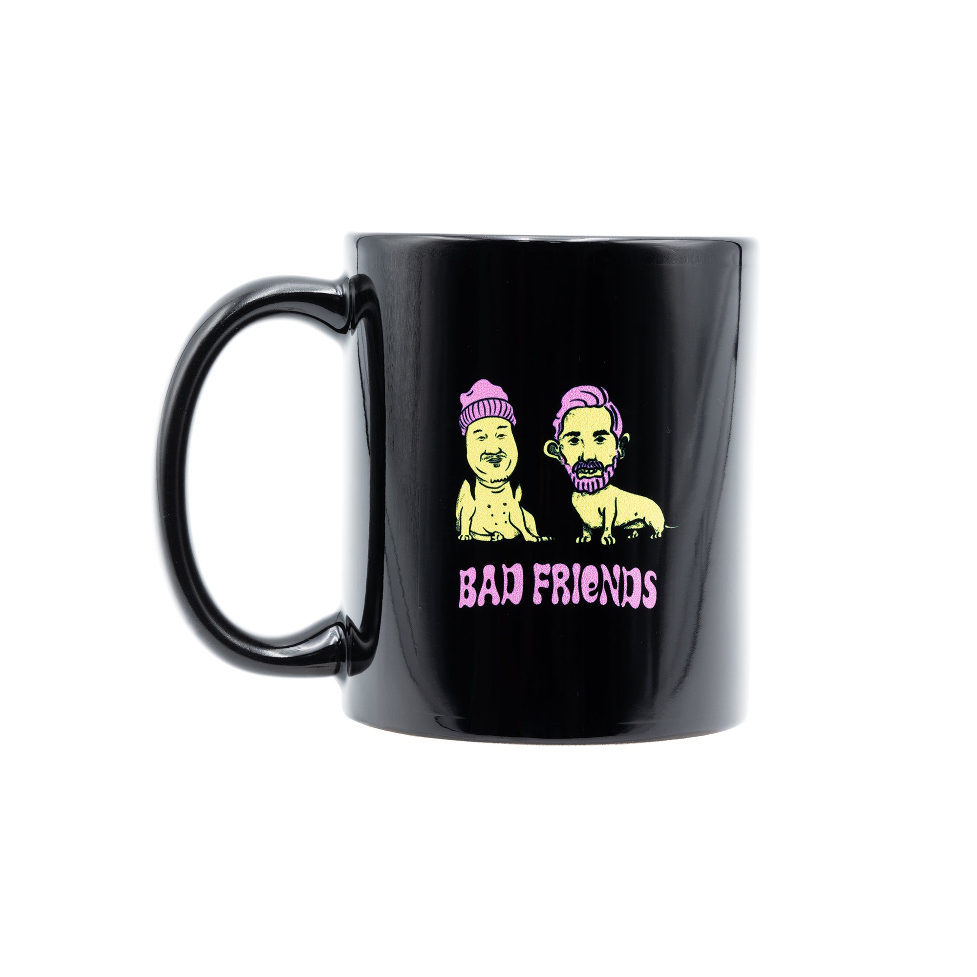 Bobby and Andrew as purple and yellow dogs on a black mug bad friends logo