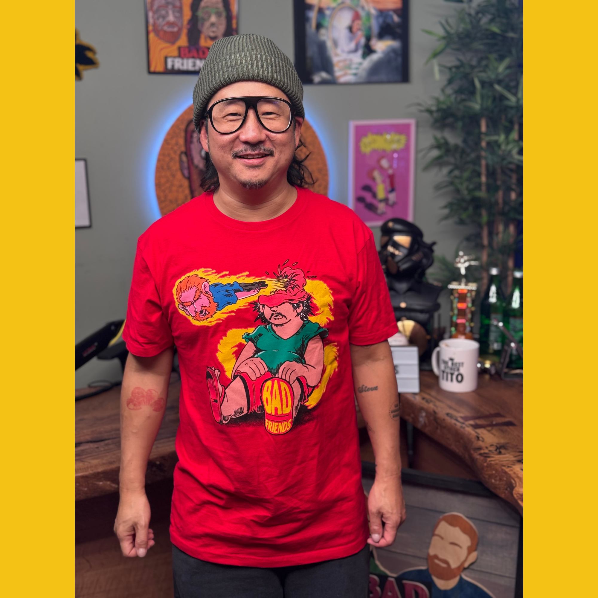 Bobby wearing red t-shirt with Hothead design