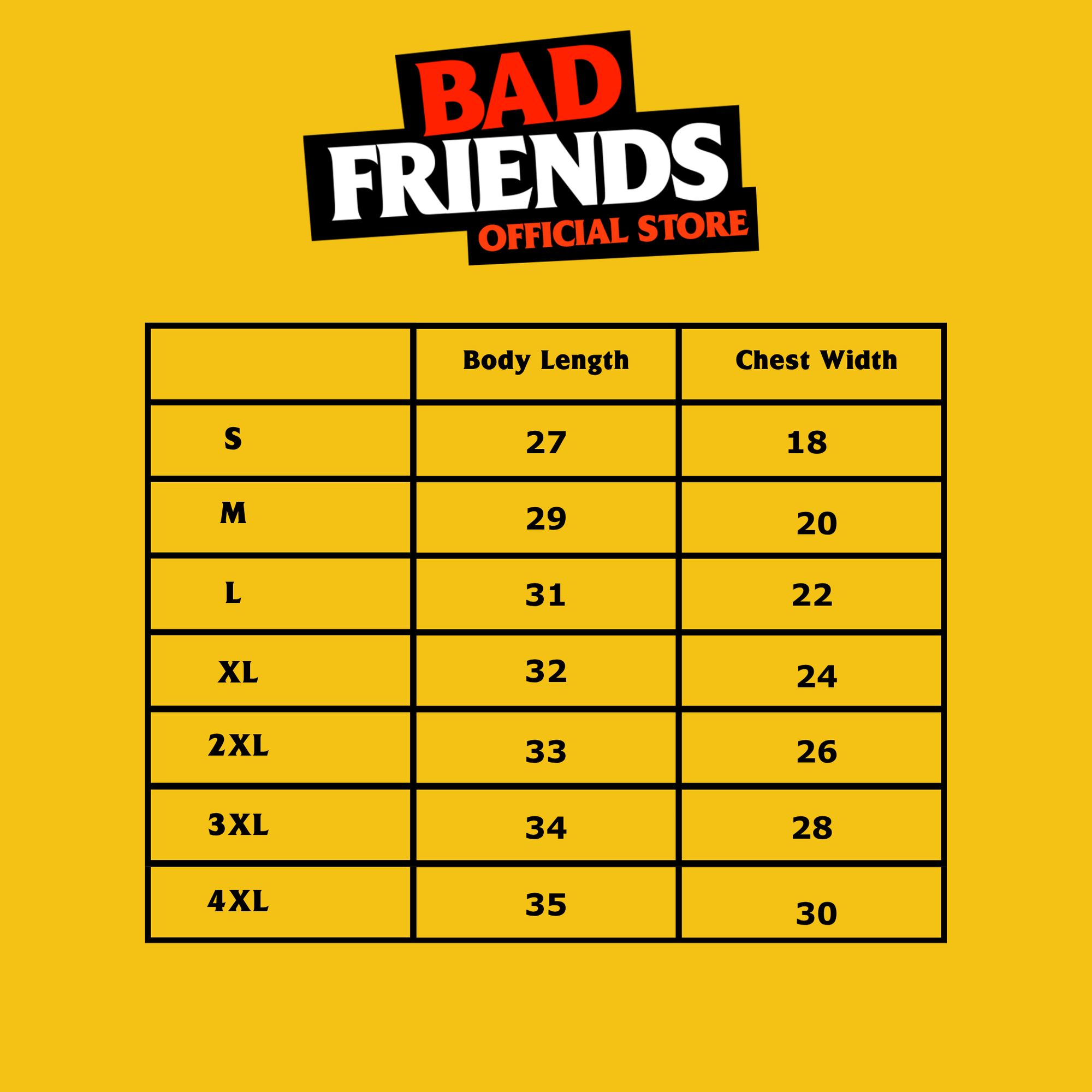 Size chart for sizes Small-4XL